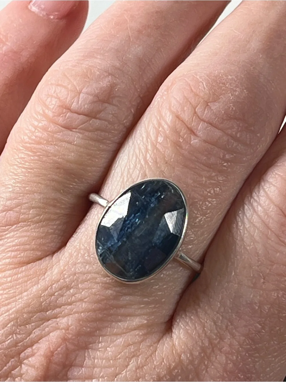 Solid Sterling Silver 925 Banded Kyanite Gemstone Flat Stacker Ring Size 8.75